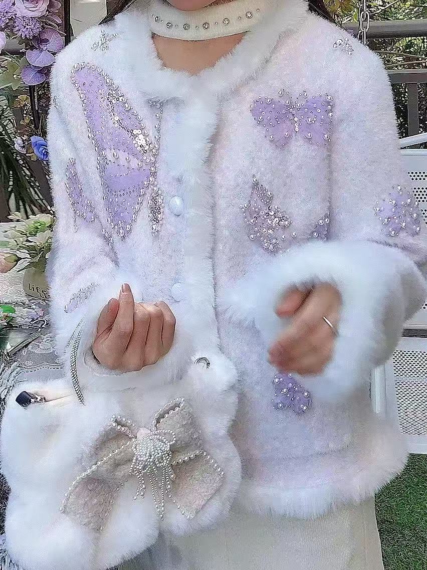Wool Coat Peacoat - Элегантный вязаный кардиган с жемчужными бусинами